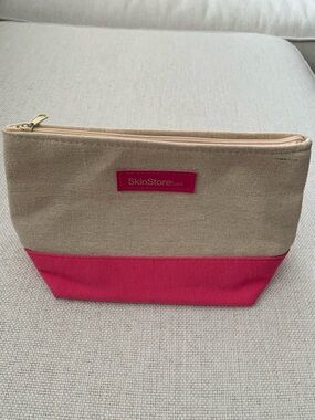Canvas Makeup Bag Beige Pink Zipper 9x6x3in